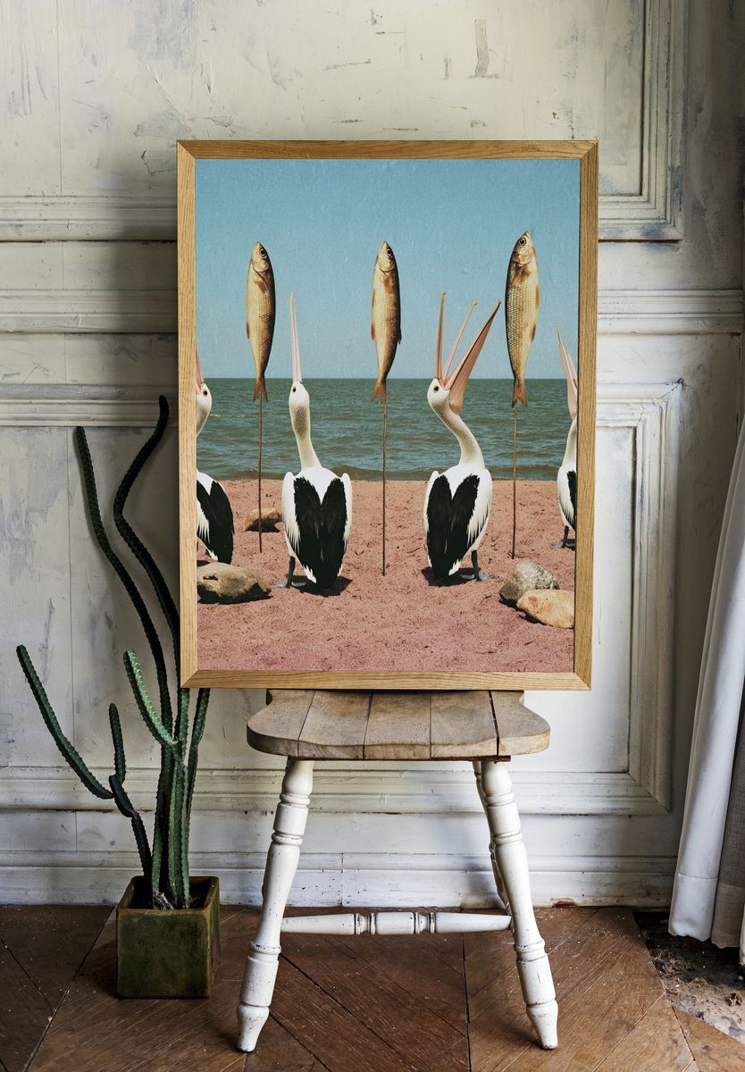 Pelicans and Fish Surrealism Print room preview