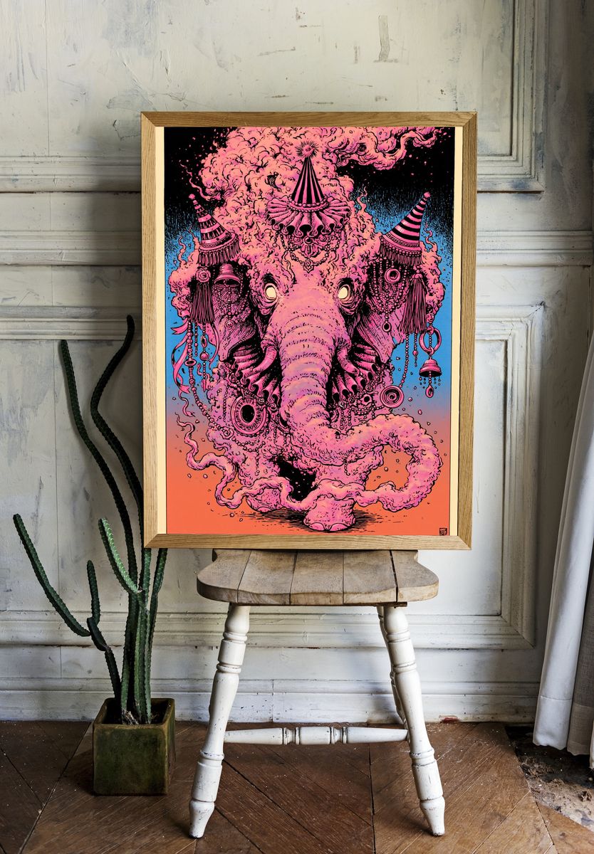 Pink Elephant Surrealism Poster. room preview