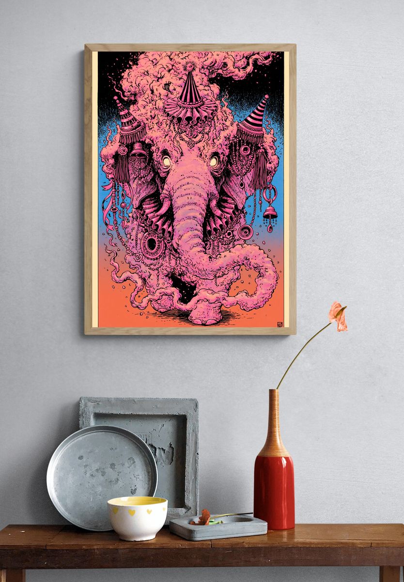 Pink Elephant Surrealism Poster. — room view 3