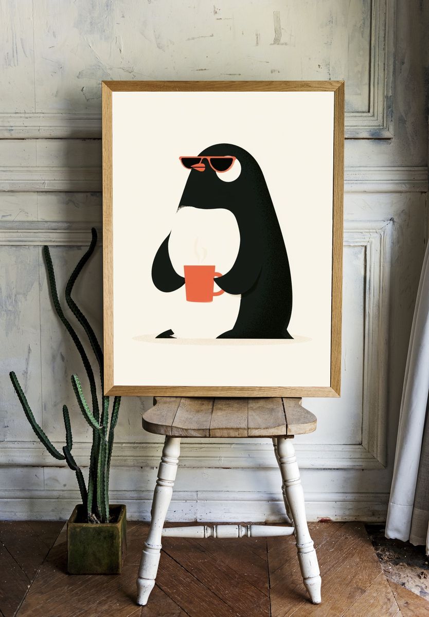 Cool Penguin Coffee Illustration Poster. — room view 1