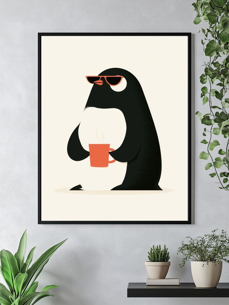 Cool Penguin Coffee Illustration Poster. — room view 4