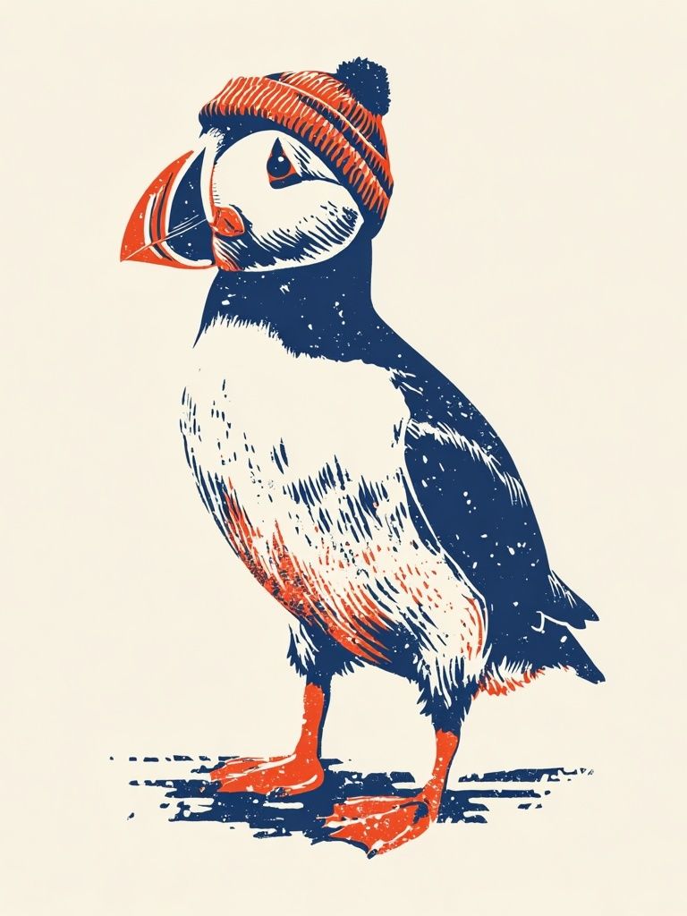 Puffin in Beanie — Illustration Print. poster detail