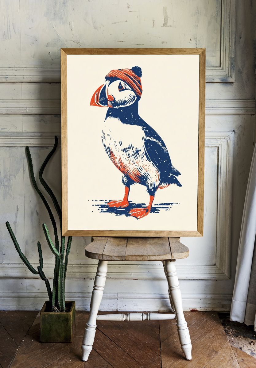 Puffin in Beanie — Illustration Print room preview