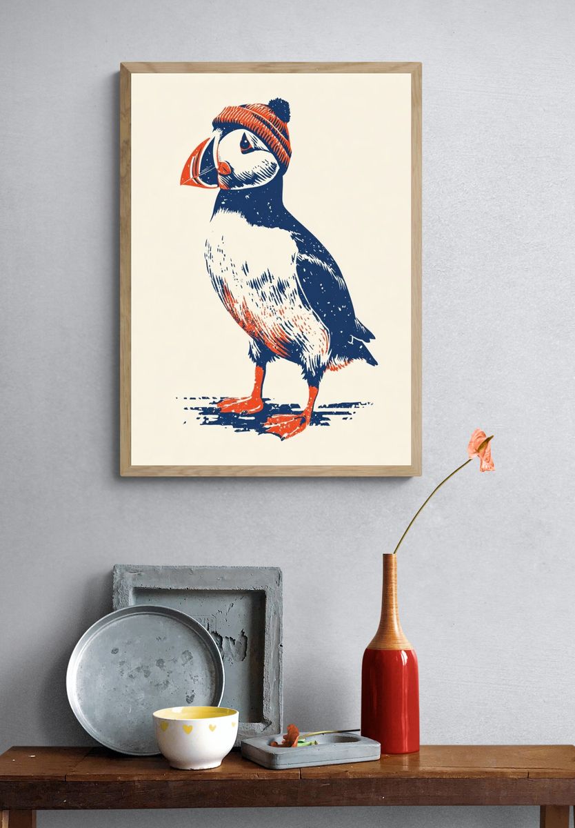 Puffin in Beanie — Illustration Print. — room view 3