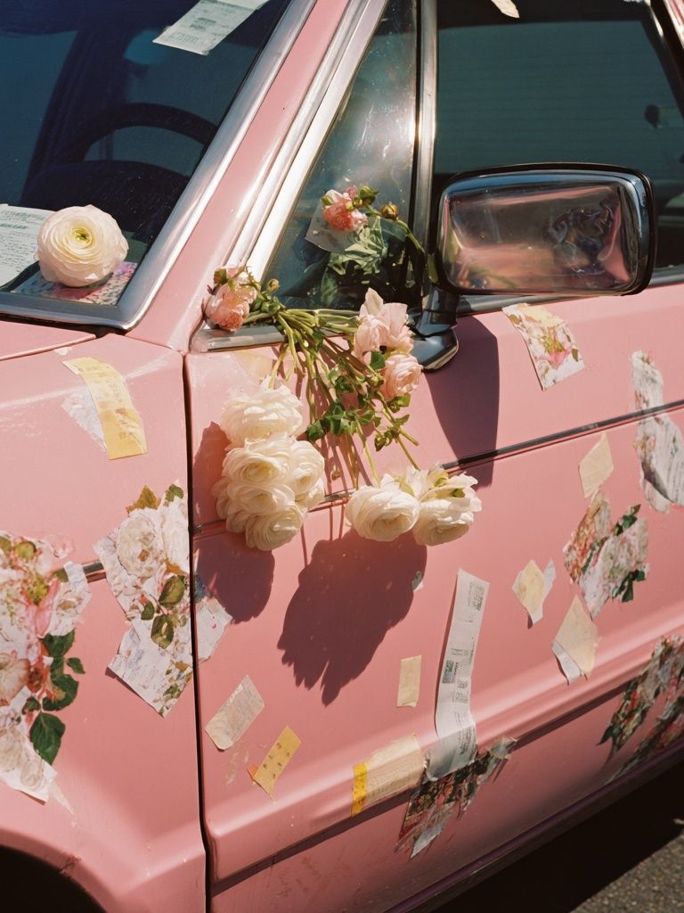 Pink Floral Car Photography Poster. poster detail