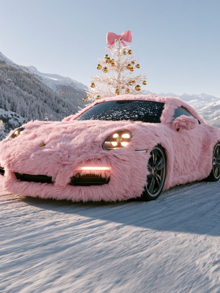Pink Fur Sports Car Winter Poster. poster detail