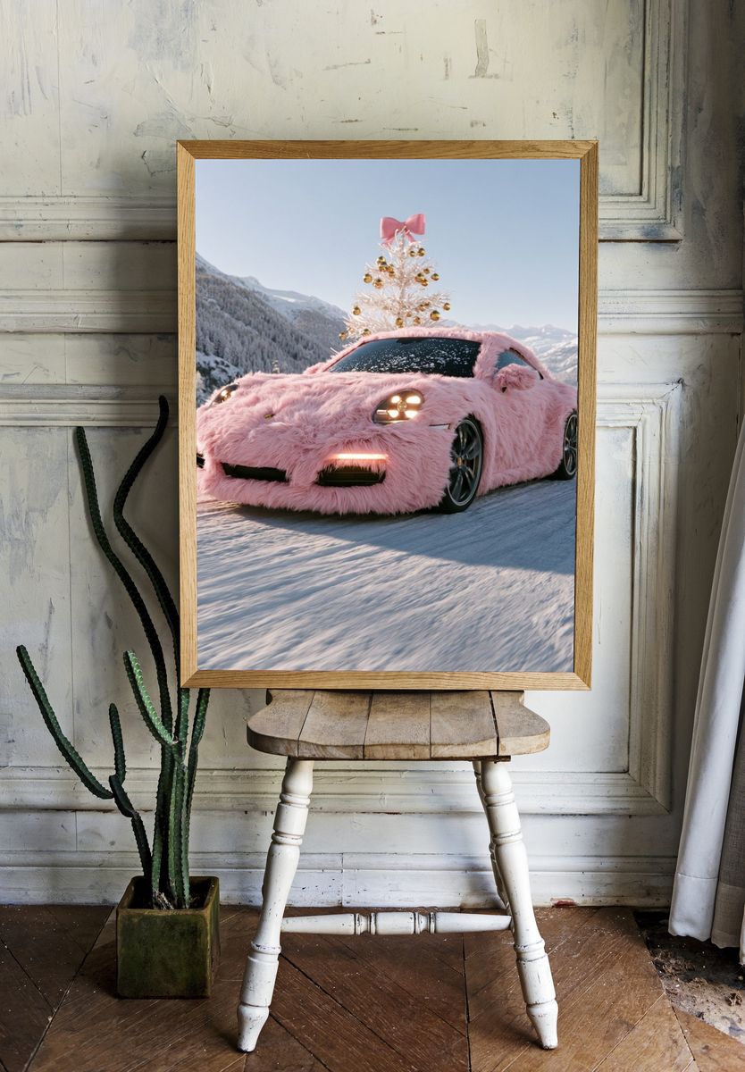 Pink Fur Sports Car Winter Poster. — room view 1