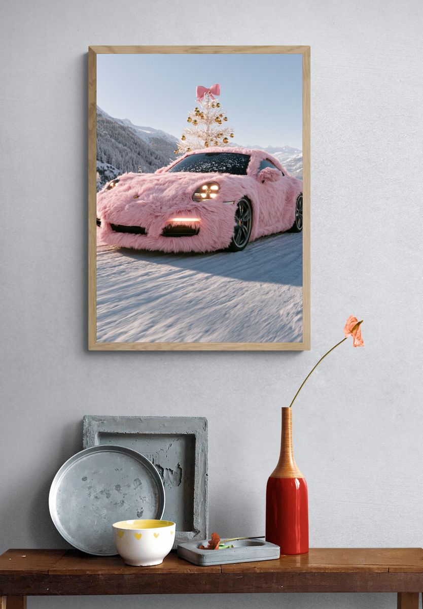 Pink Fur Sports Car Winter Poster. — room view 3