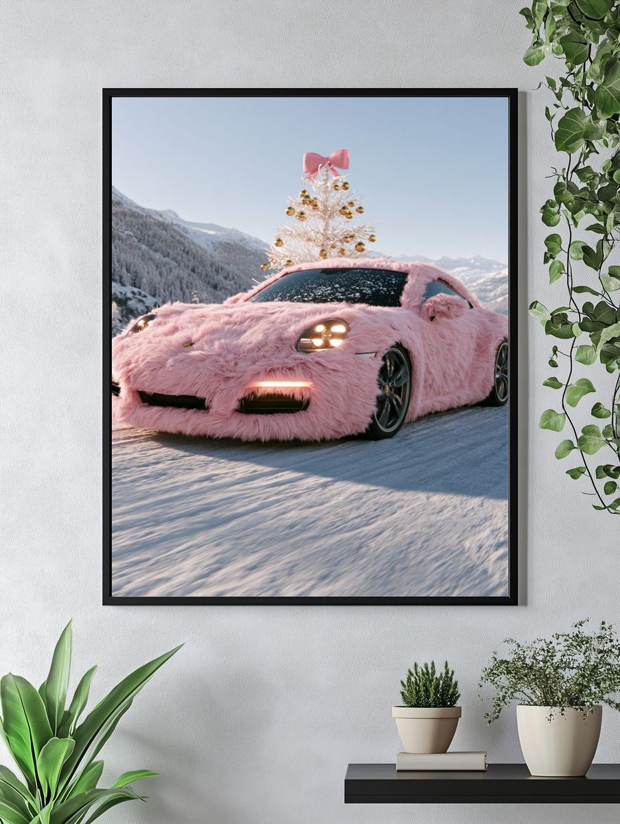 Pink Fur Sports Car Winter Poster. — room view 4