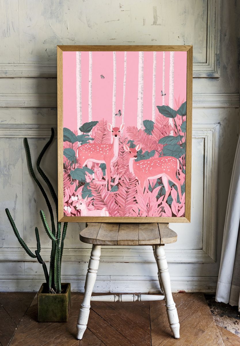 Pink Forest Deer — Illustration Print. — room view 1