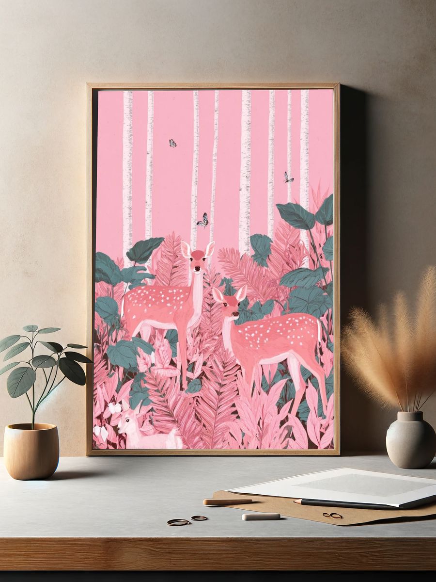 Pink Forest Deer — Illustration Print. — room view 2