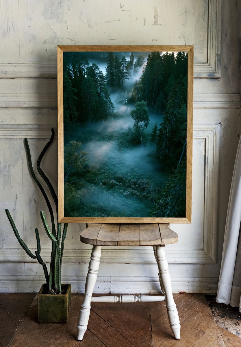 Misty Pine Forest Sunrise Poster. room preview