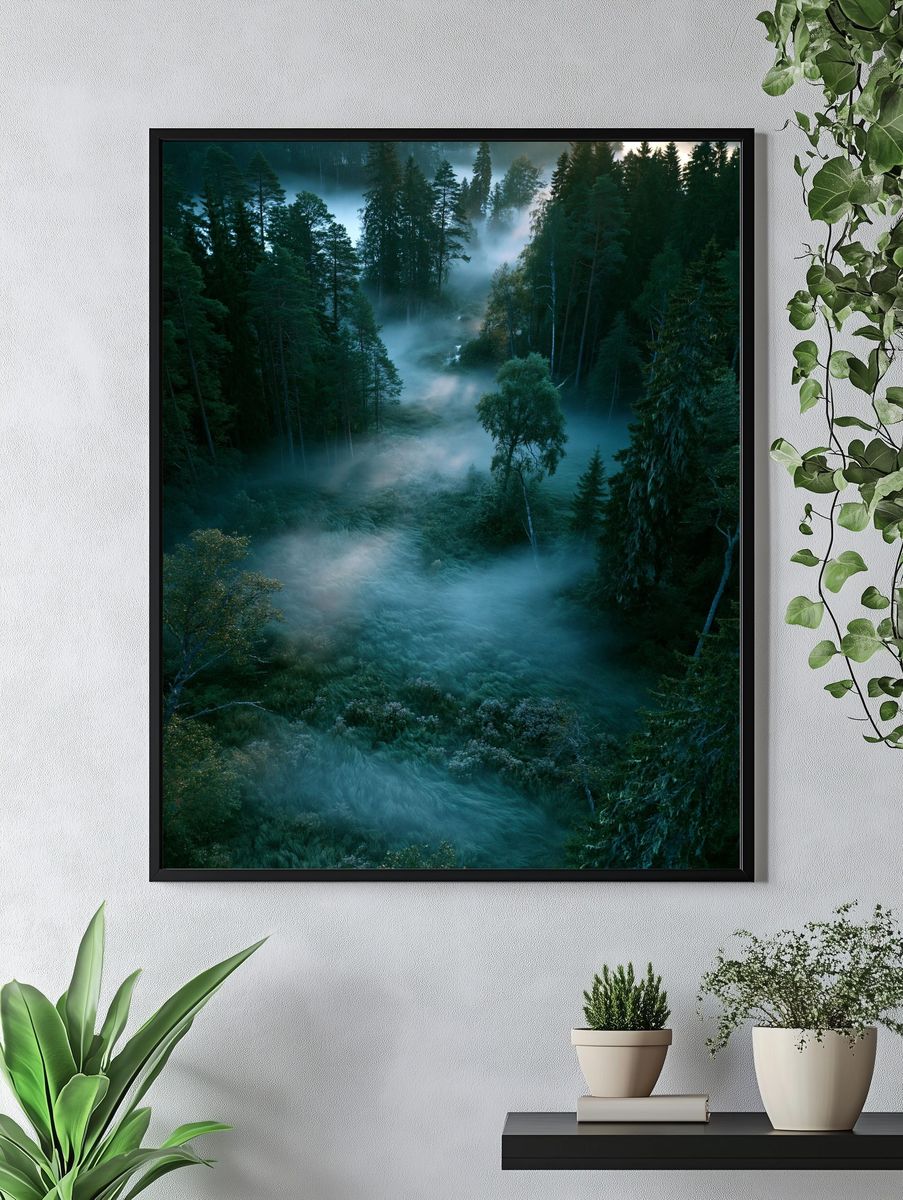 Misty Pine Forest Sunrise Poster. — room view 4