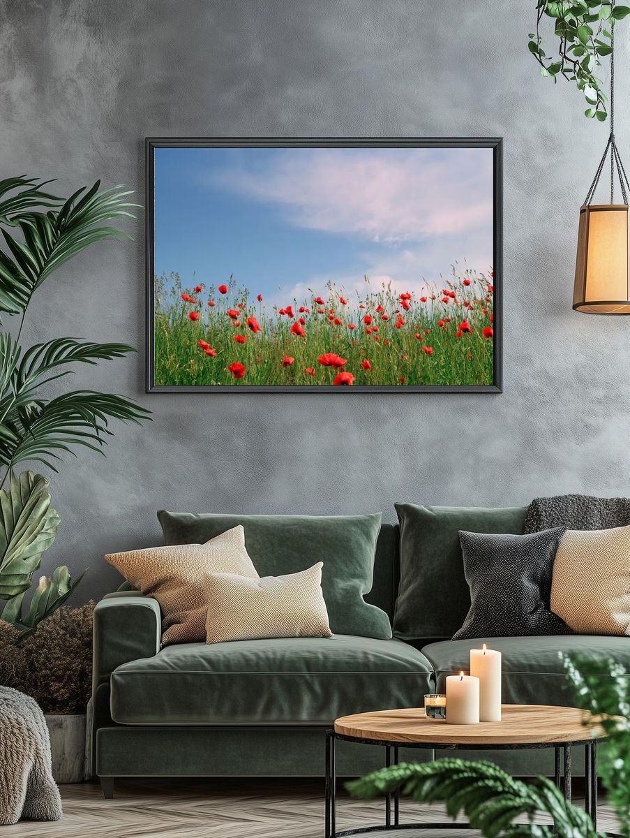 Poppy Field Under Blue Sky Poster. — room view 4