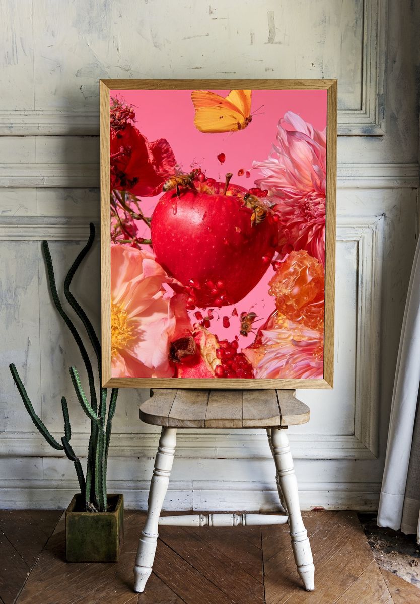 Pink Floral Apple Still Life Poster. — room view 1