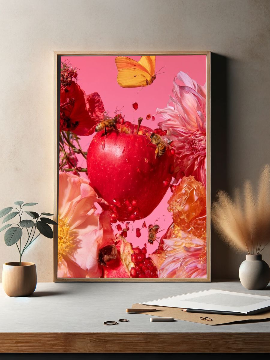 Pink Floral Apple Still Life Poster. — room view 2