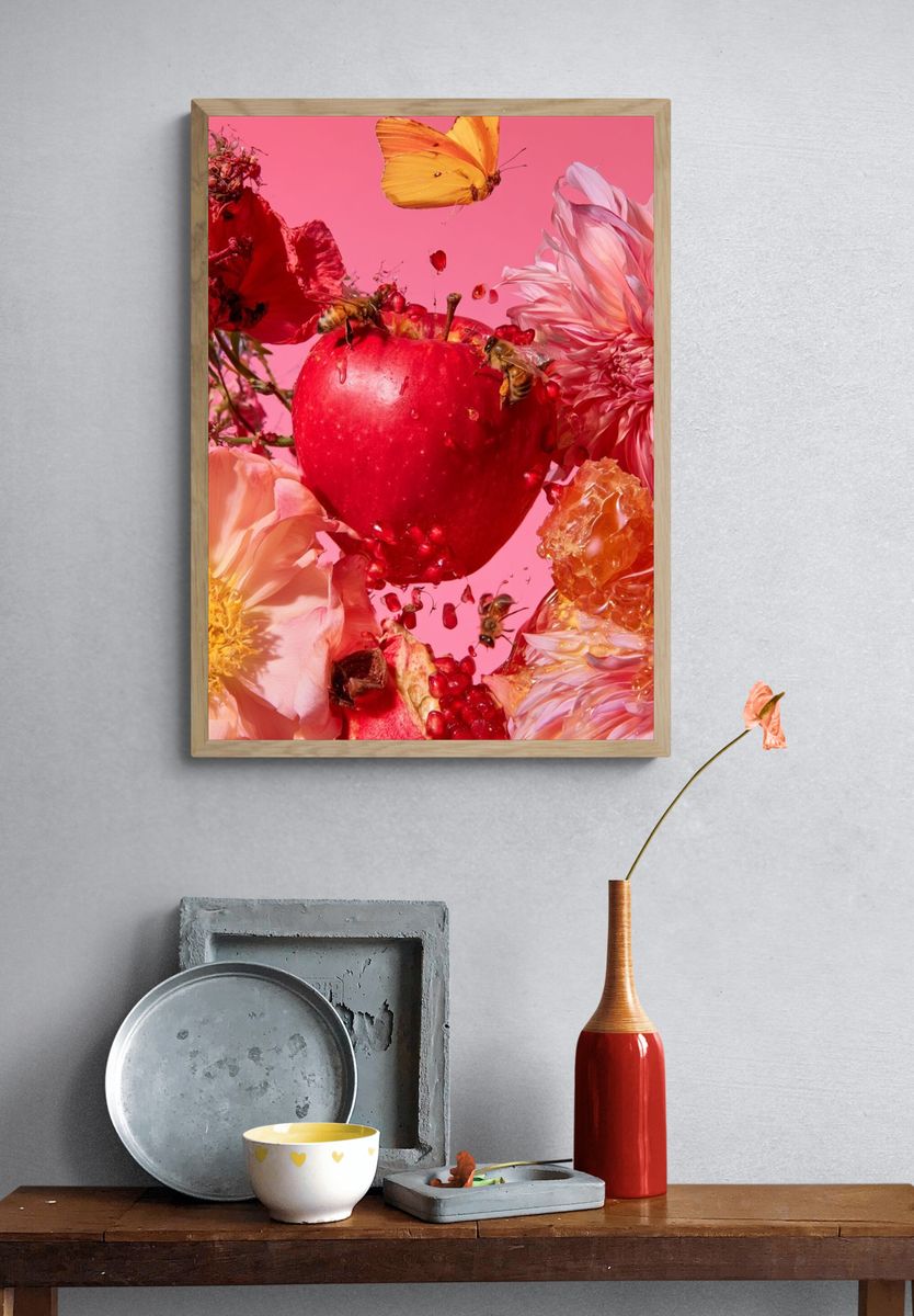 Pink Floral Apple Still Life Poster. — room view 3
