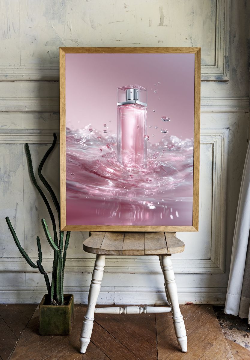 Pink Perfume Splash Photography Poster. — room view 1