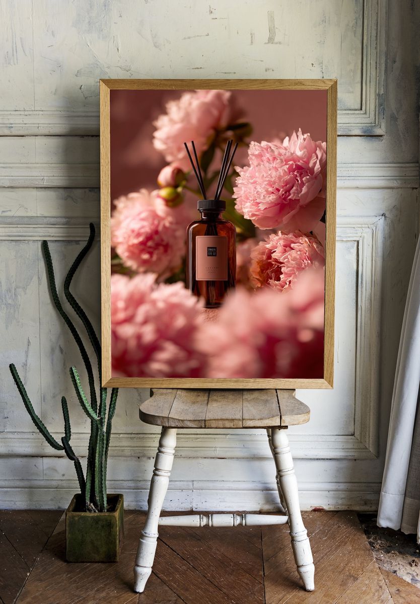 Pink Peonies Perfume Still Life Poster. — room view 1