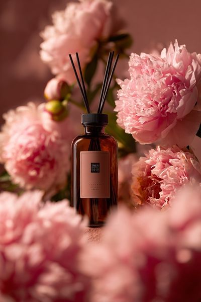 Pink Peonies Perfume Still Life Poster. poster print