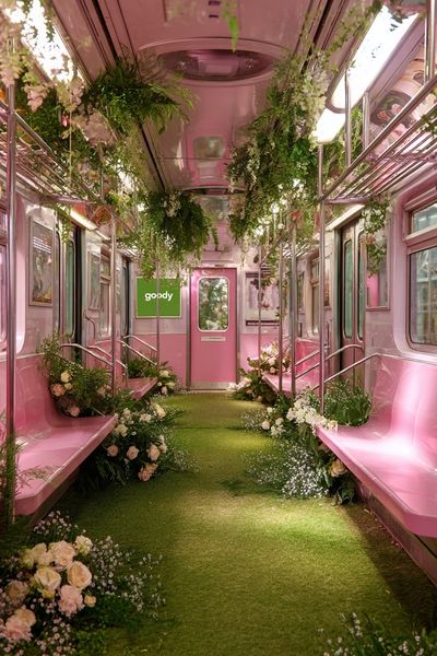 Pink Floral Train Interior Poster. poster print