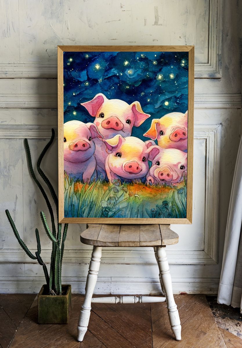 Adorable Piglets — Watercolor Print. room preview