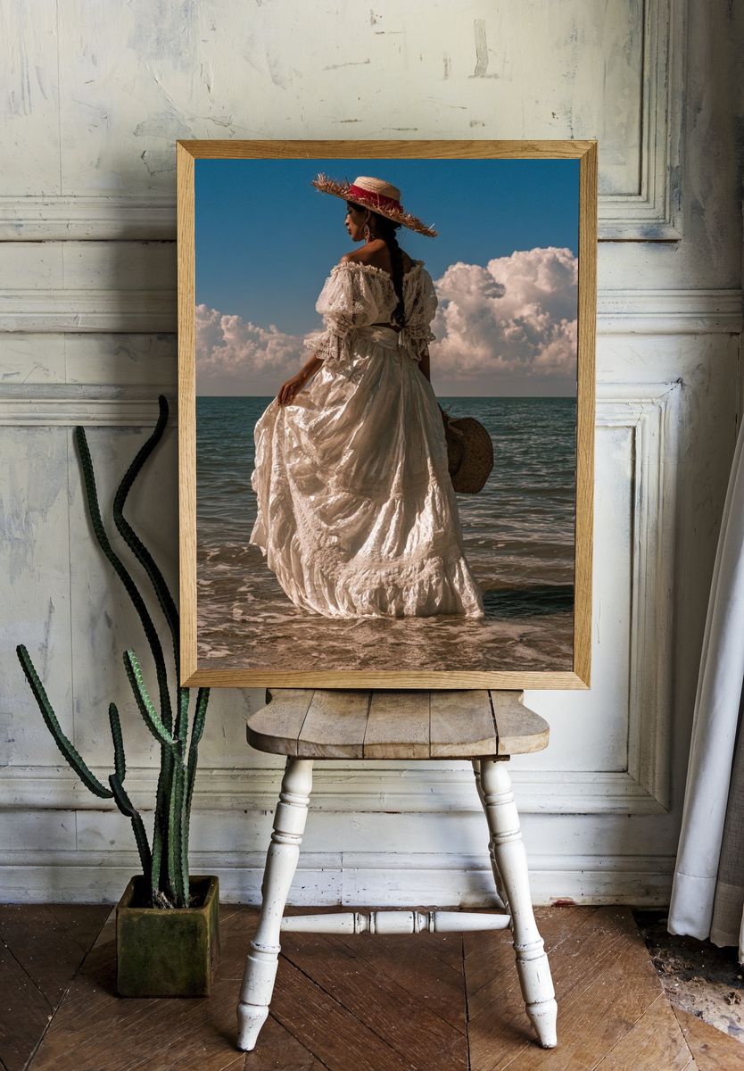 Seaside Woman in White Dress Photography Poster. — room view 1
