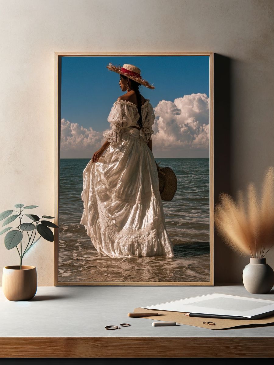 Seaside Woman in White Dress Photography Poster. — room view 2