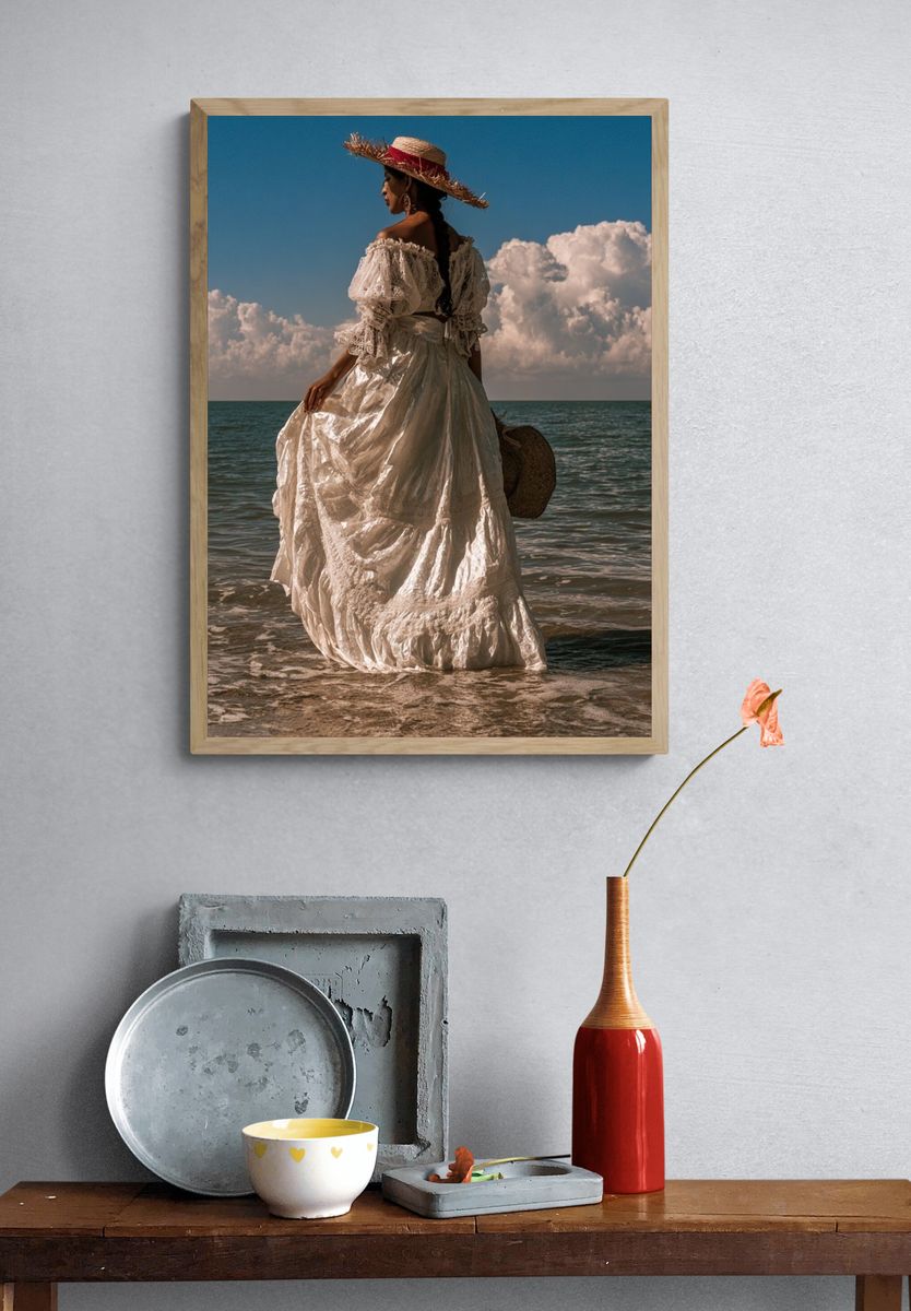 Seaside Woman in White Dress Photography Poster. — room view 3