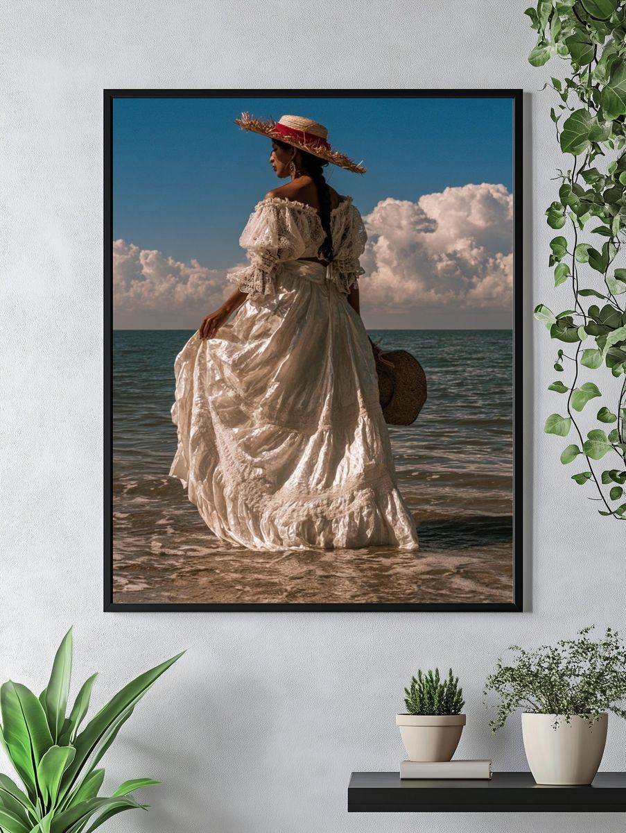 Seaside Woman in White Dress Photography Poster. — room view 4