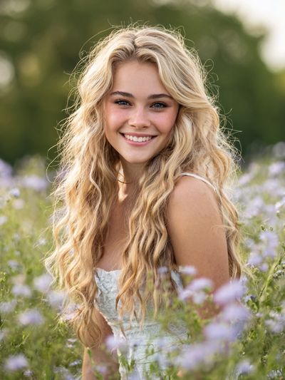 Smiling Girl in Flower Field
