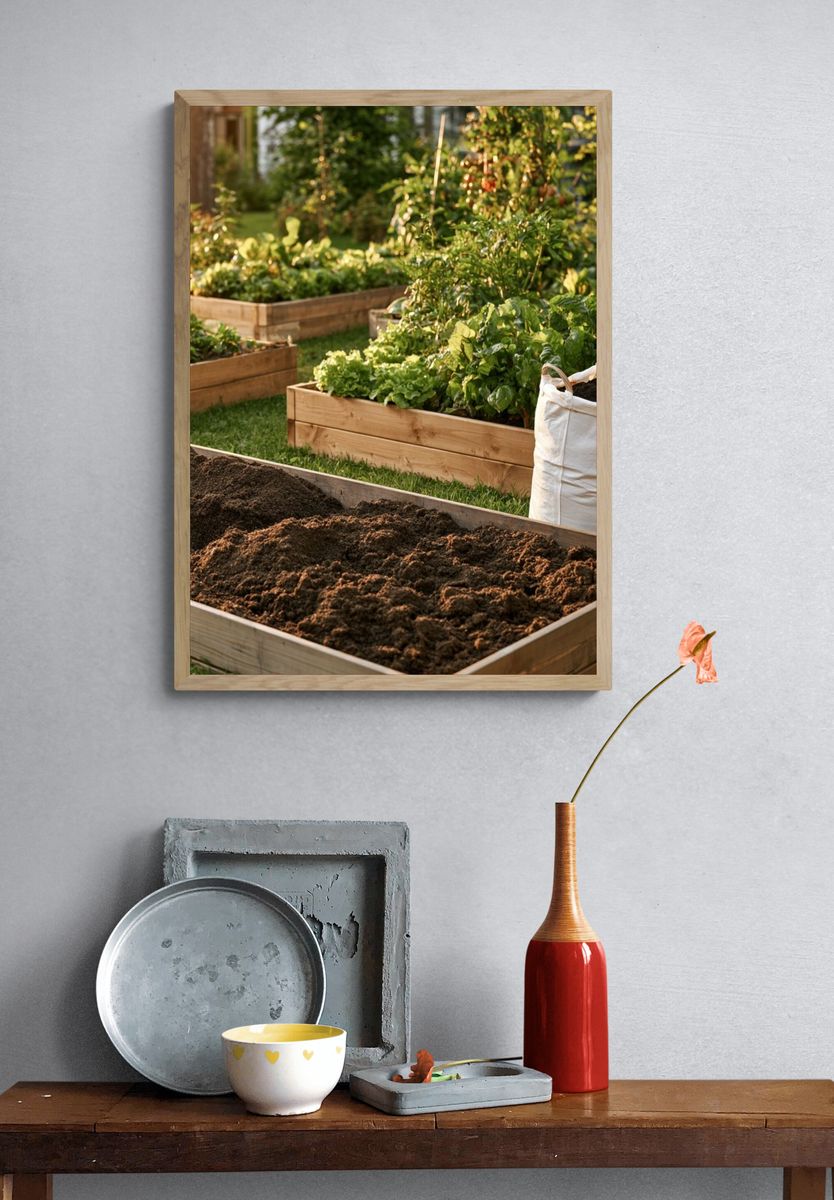 Sunlit Garden Beds Photography Poster. — room view 3