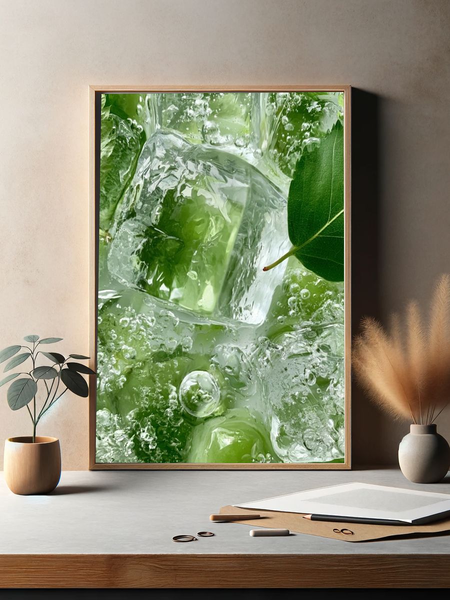 Green Ice Leaves Photography Poster. — room view 2