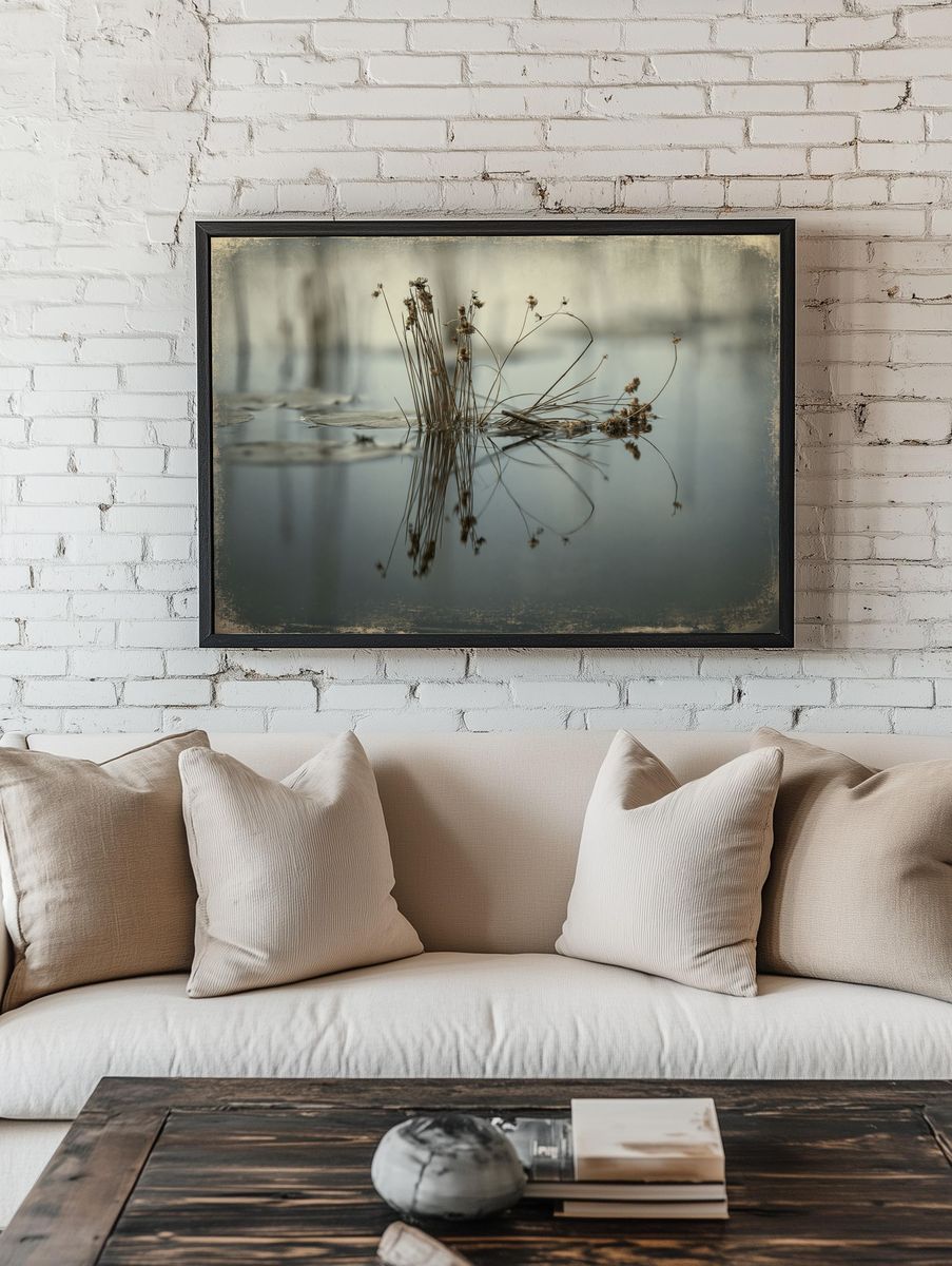 Reeds on Still Water Photography Poster. — room view 1
