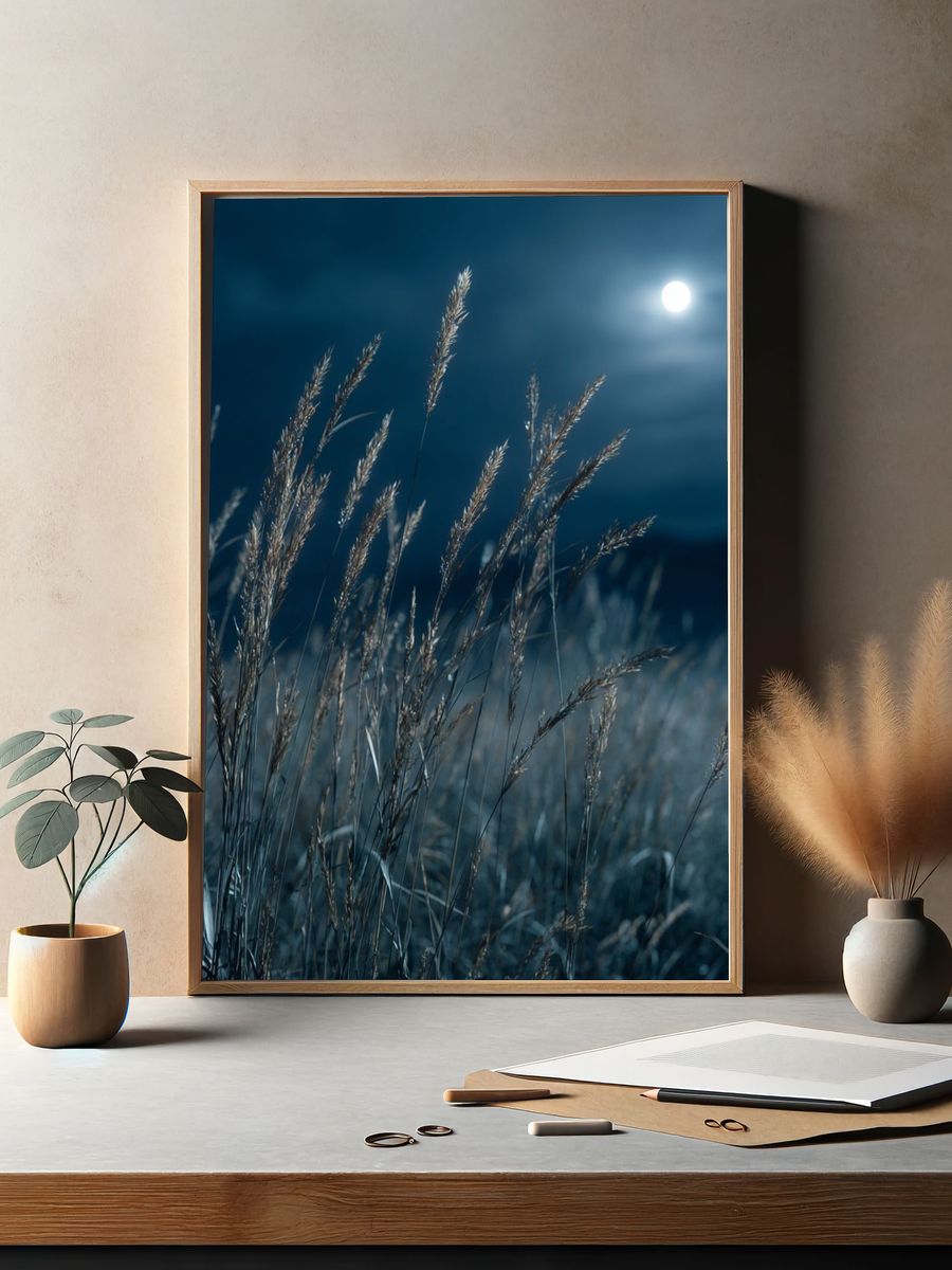 Moonlit Grass Field Photography Poster. — room view 2