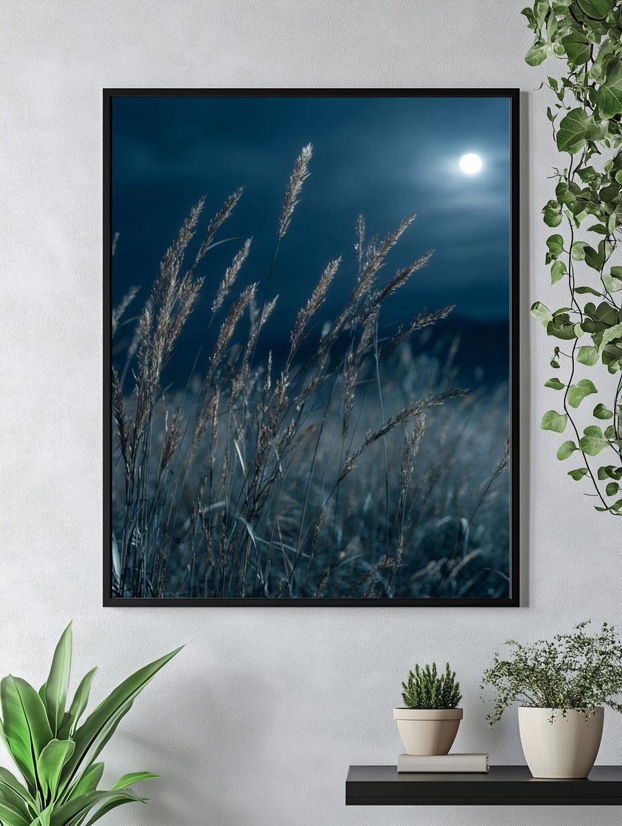Moonlit Grass Field Photography Poster. — room view 4