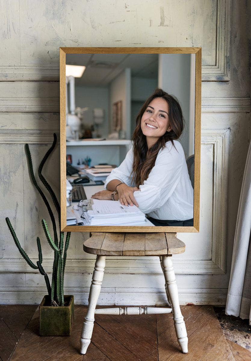 Smiling Woman in Office Photography Poster. room preview