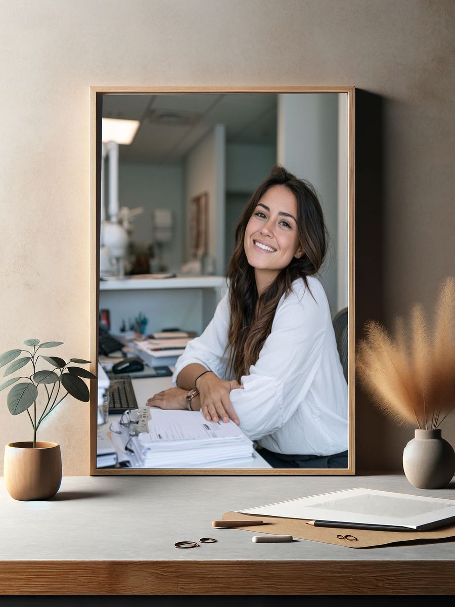 Smiling Woman in Office Photography Poster. — room view 2