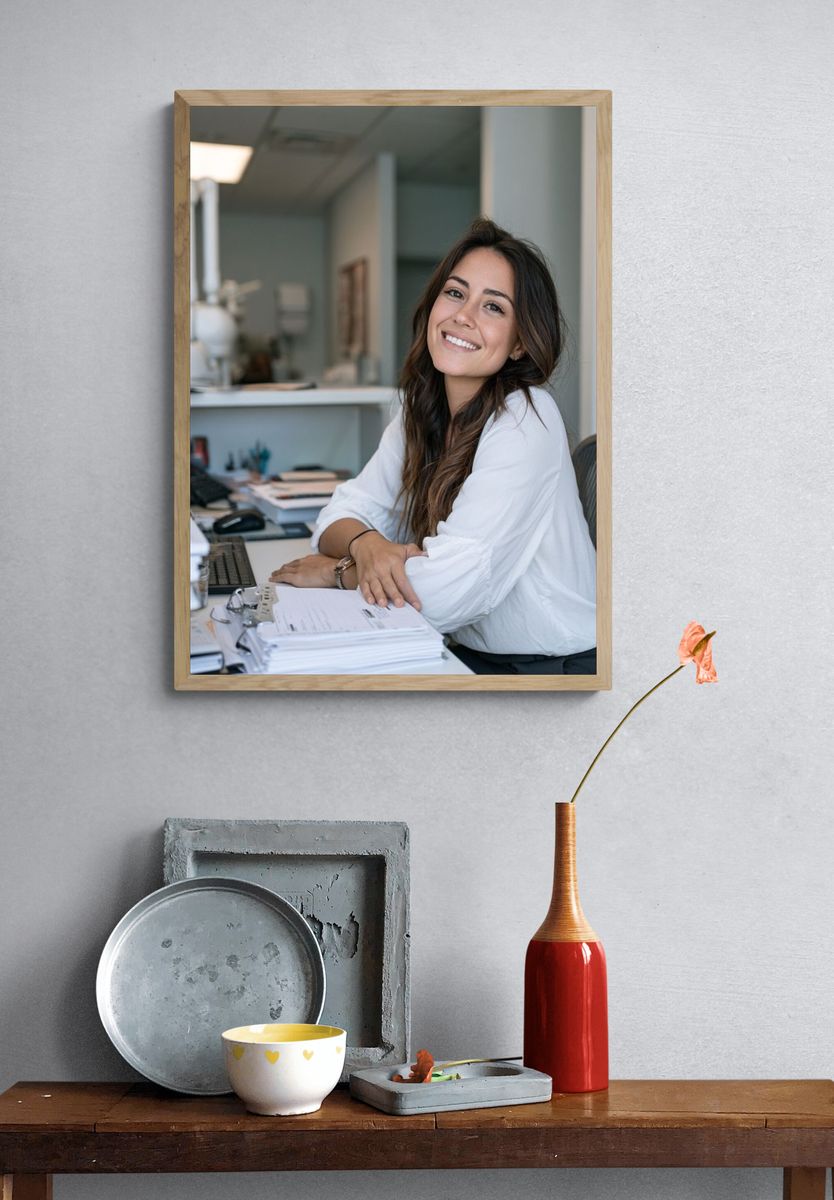 Smiling Woman in Office Photography Poster. — room view 3