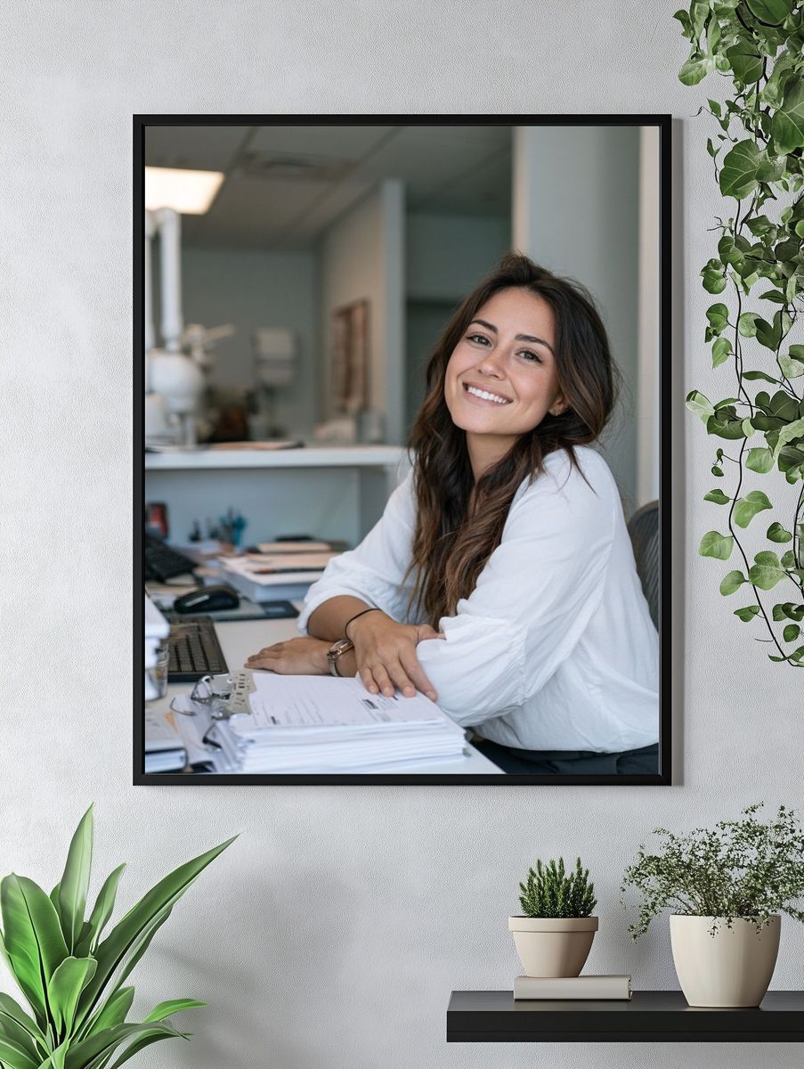 Smiling Woman in Office Photography Poster. — room view 4