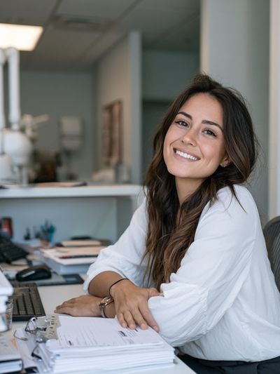 Smiling Woman in Office Photography Poster. poster