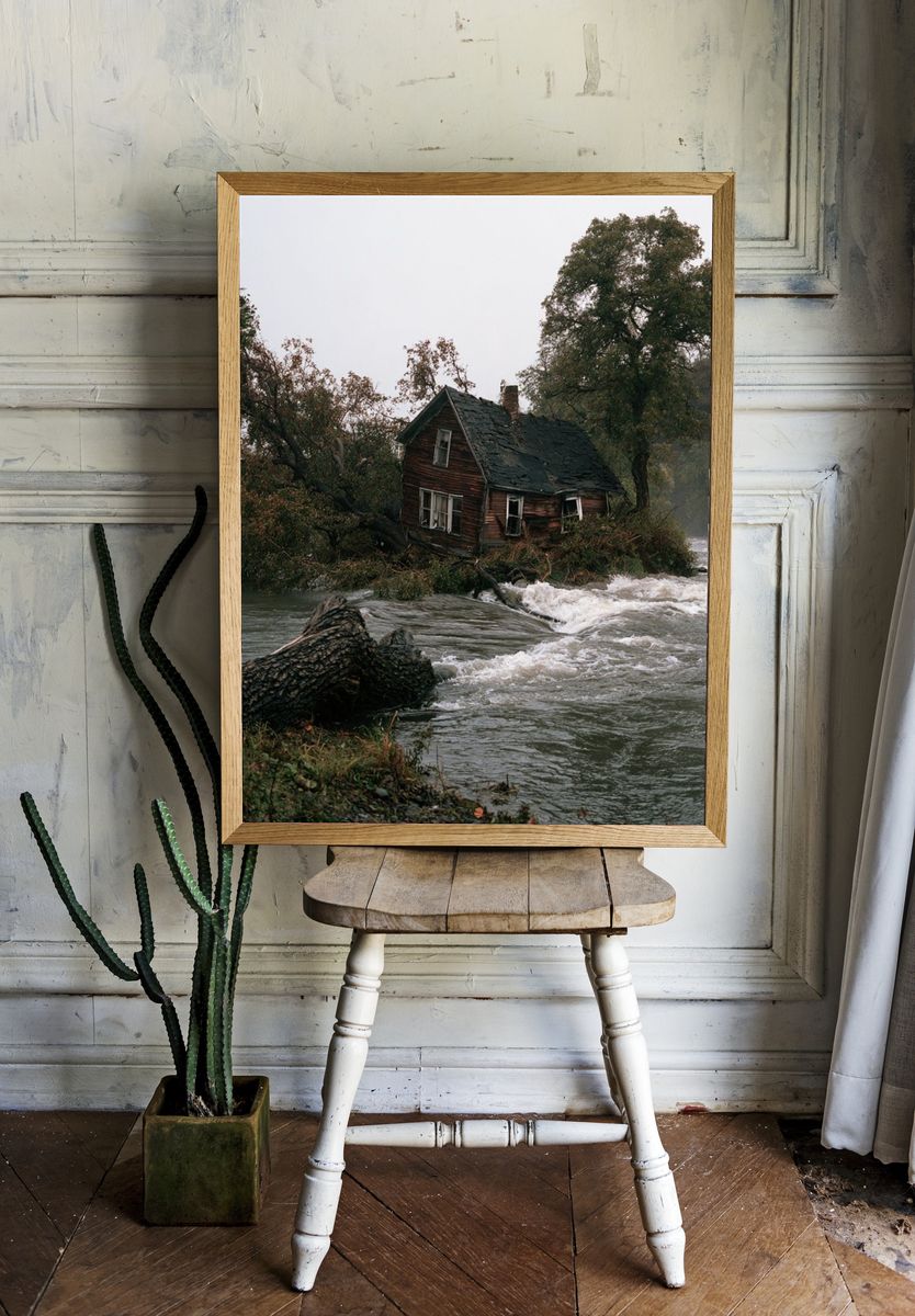 Flooded Riverside Cabin Photography Poster. room preview