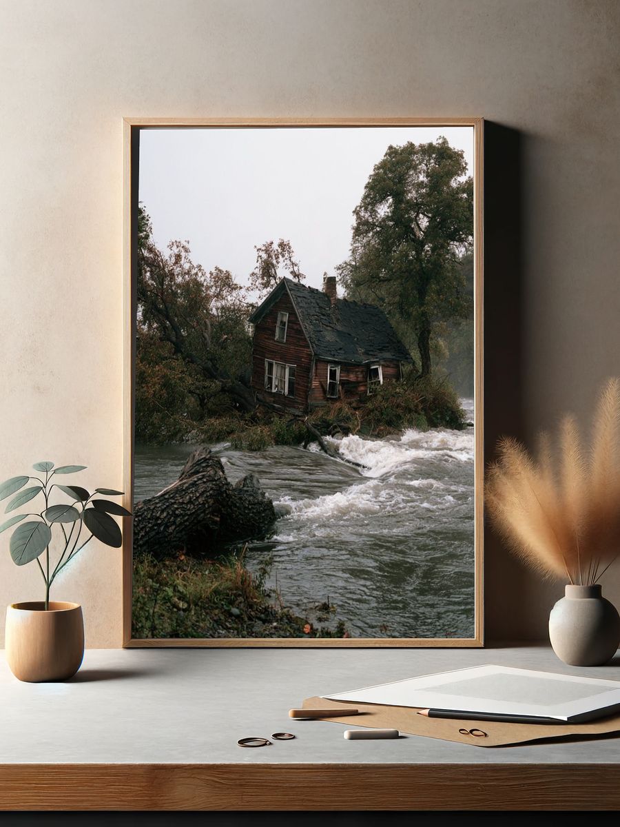 Flooded Riverside Cabin Photography Poster. — room view 2