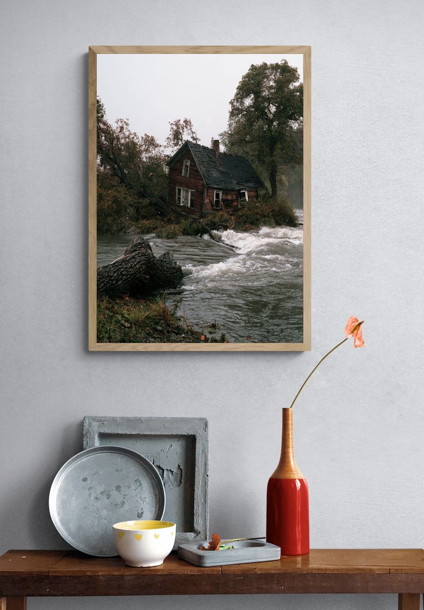 Flooded Riverside Cabin Photography Poster. — room view 3