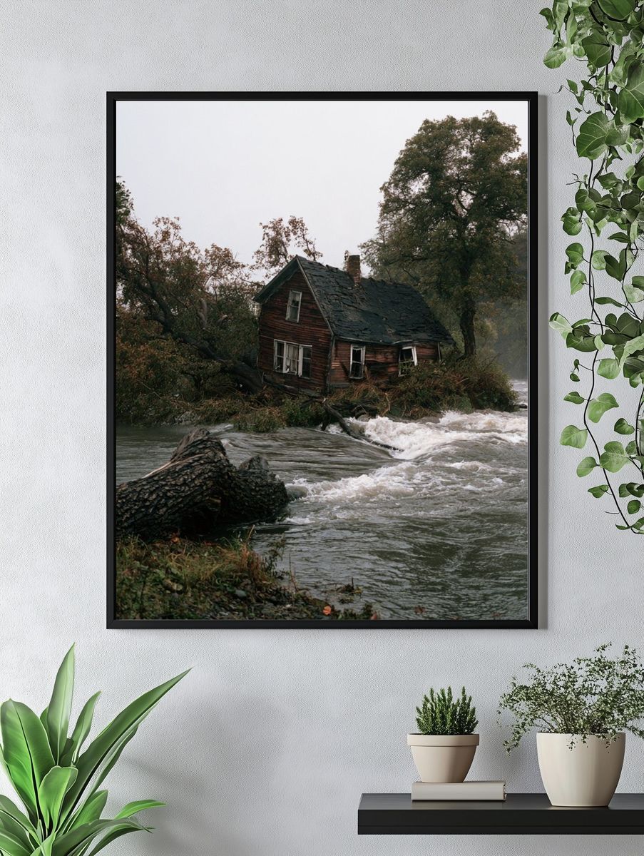 Flooded Riverside Cabin Photography Poster. — room view 4