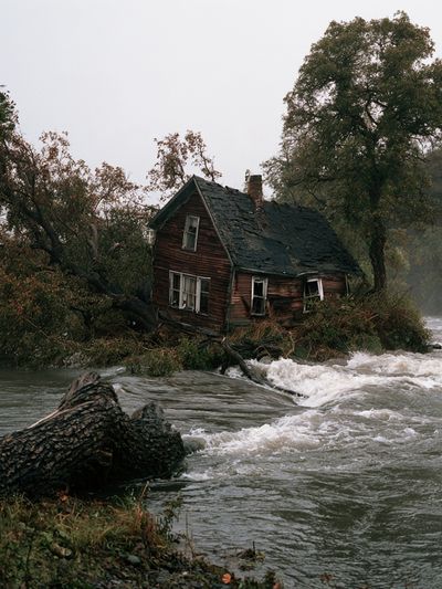 Flooded Riverside Cabin Photography Poster. poster