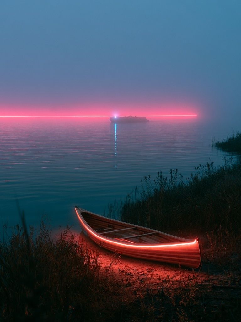 Neon Canoe at Dusk Poster. poster detail
