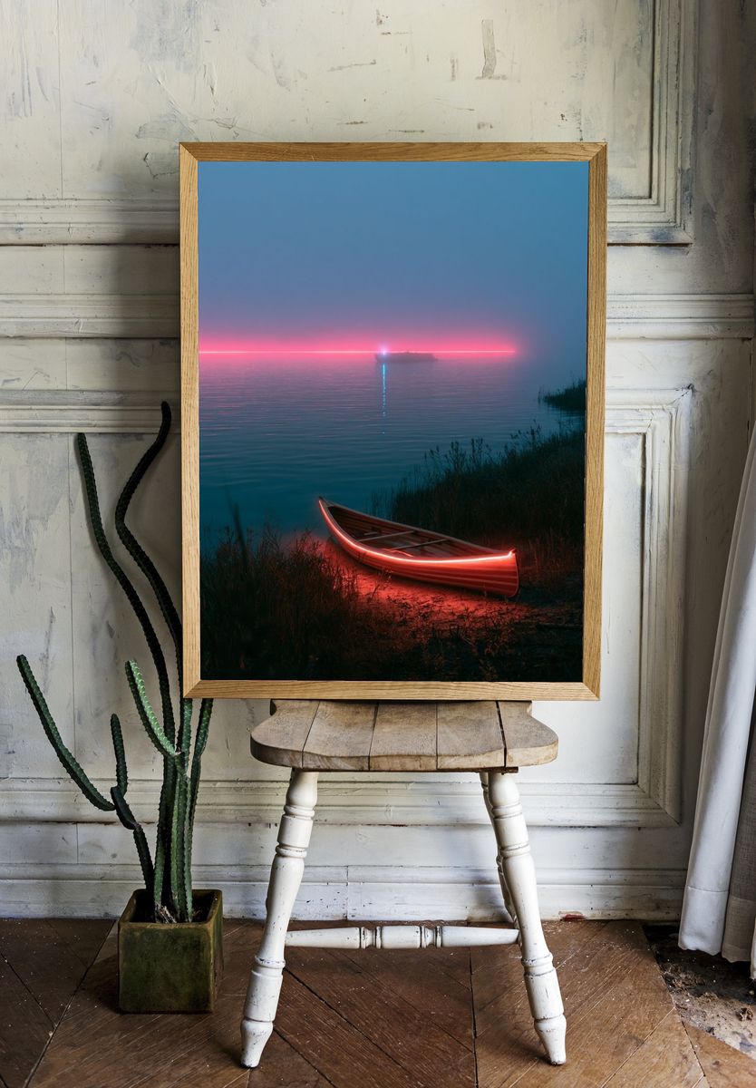 Neon Canoe at Dusk Poster. room preview