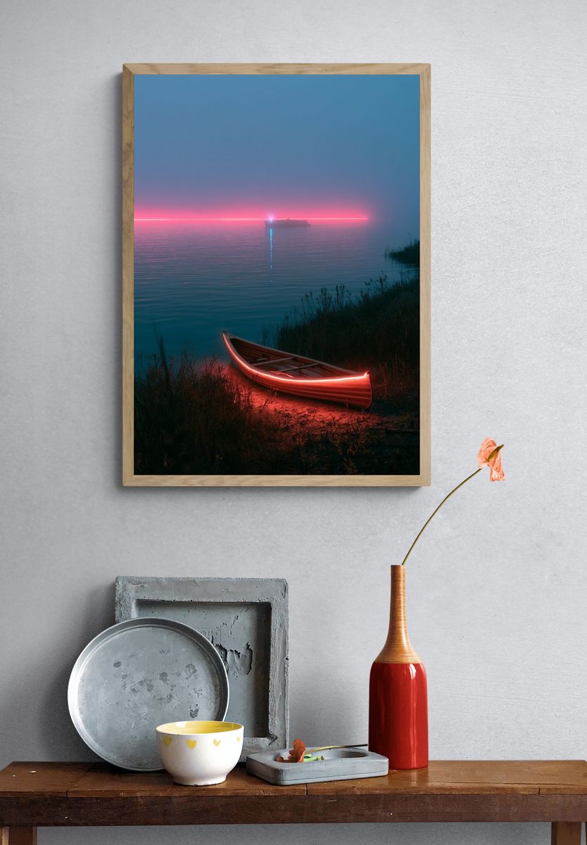 Neon Canoe at Dusk Poster. — room view 3