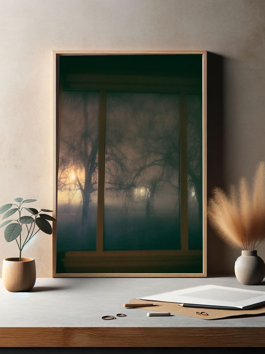 Foggy Trees at Dusk Photography Poster. — room view 2